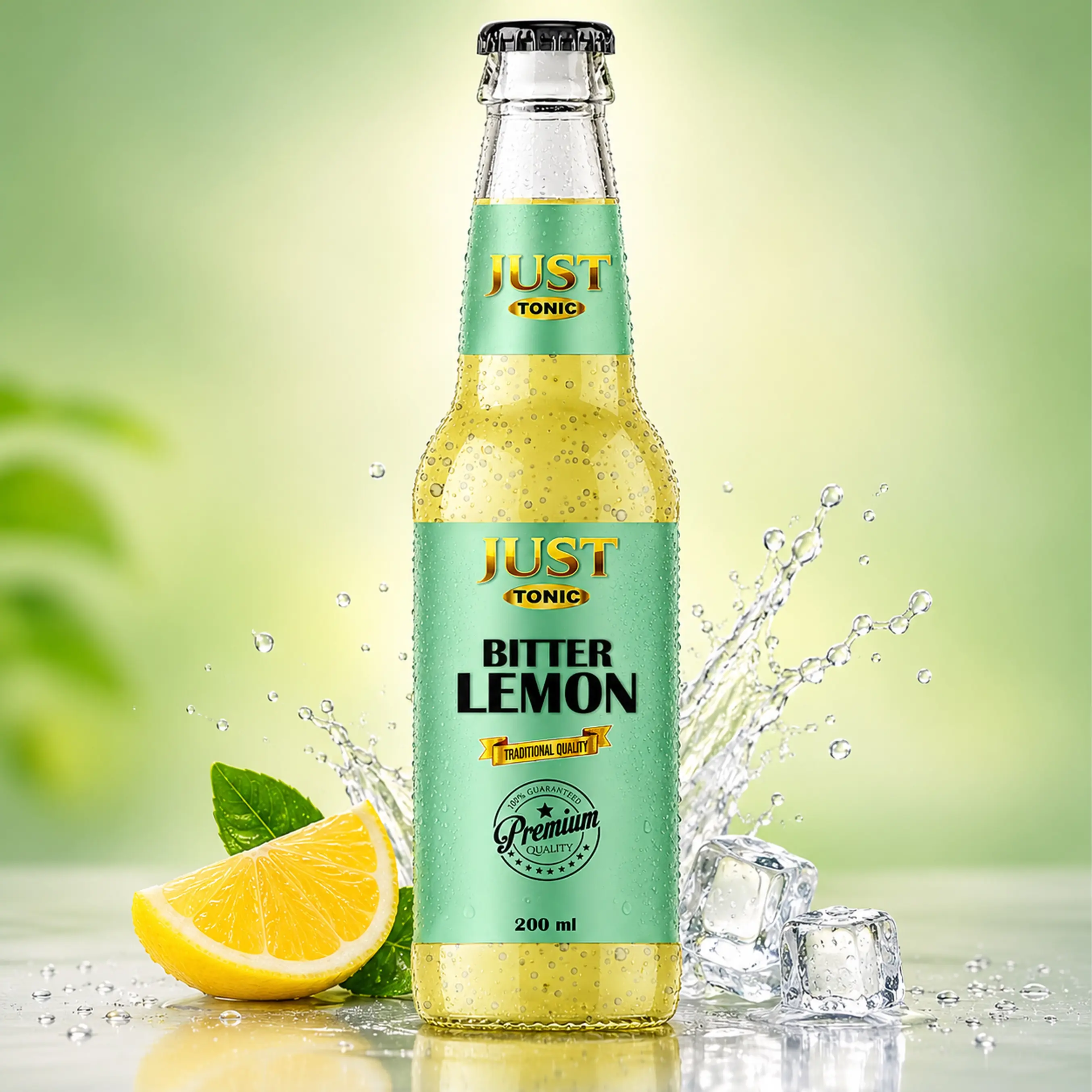 JUST Tonic Bitter Lemon 200ml glass bottle with fresh lemon, green leaves, ice cubes, condensation, and crisp water splashes.